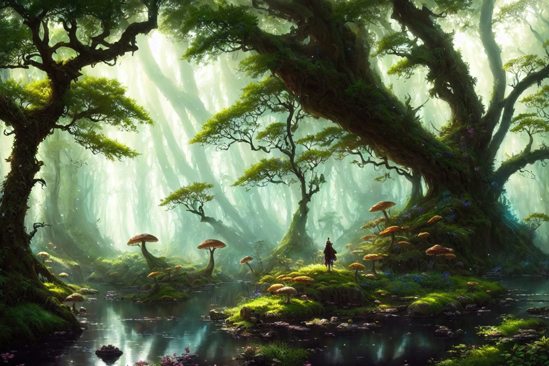 A mystical forest with glowing mushrooms and soft sunlight filtering through.